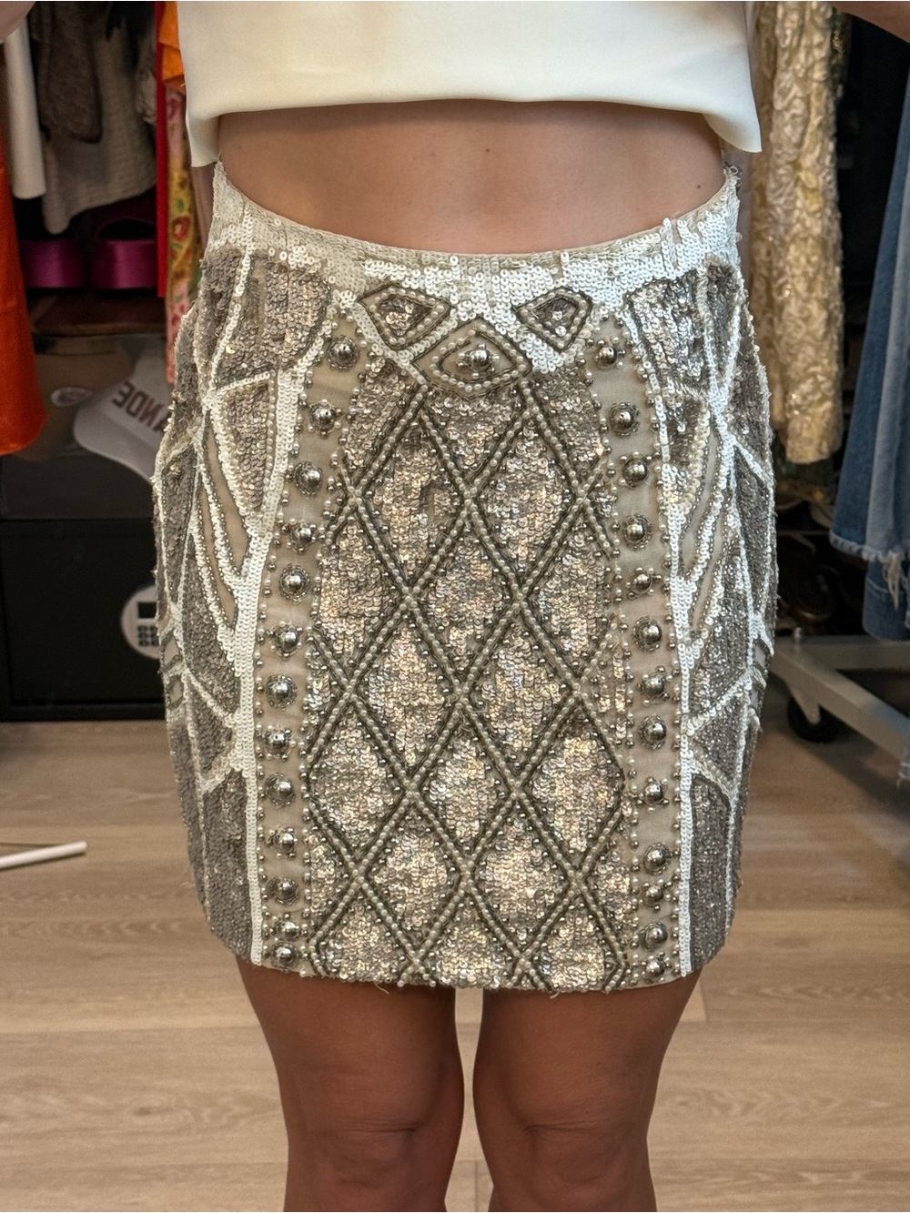 Needle & Thread Silver Beaded Embellished Mini Skirt